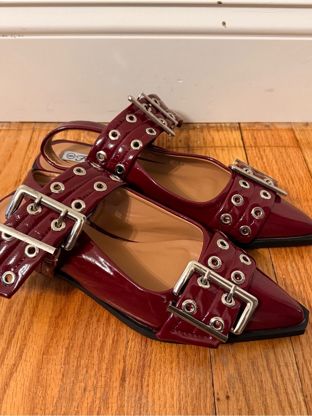 NWOT Burgundy Patent Pointed Slingback Buckle Flats